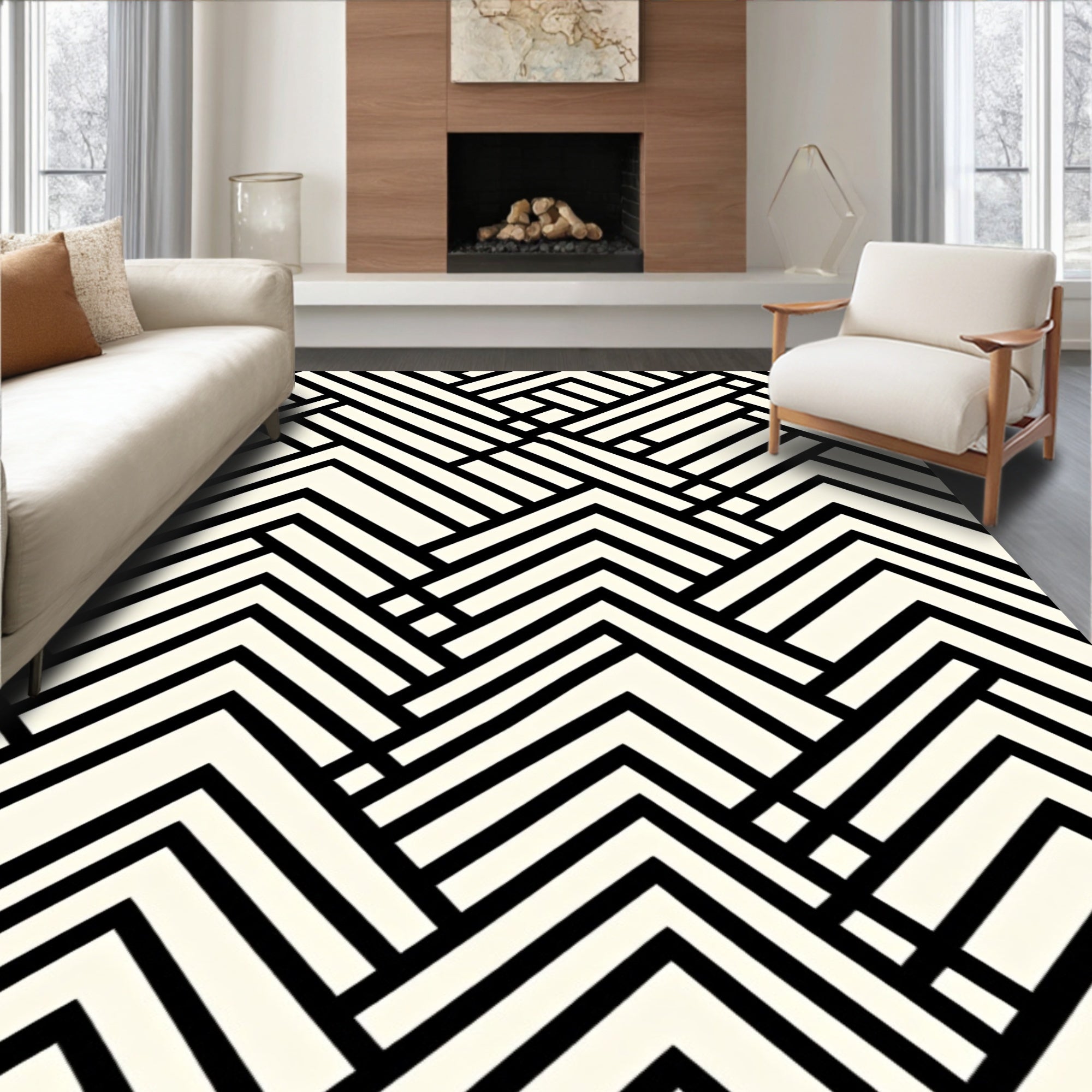 Black Ivory Interlocking Chevron Geometric Rug