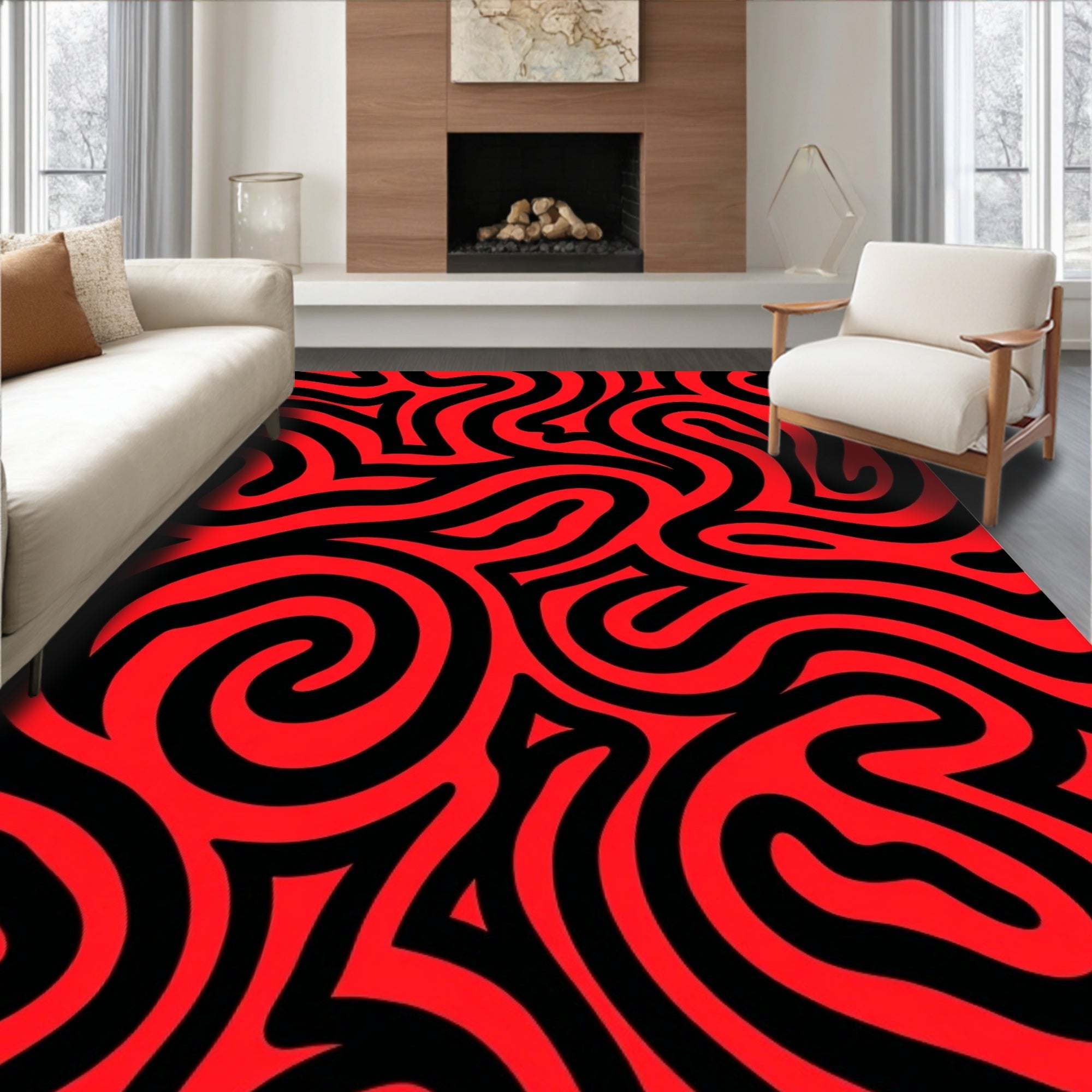 Red Black Swirl Abstract Rug