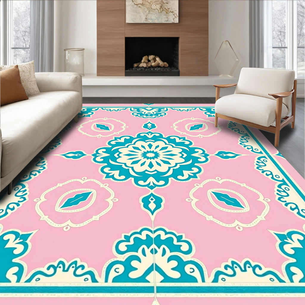 Pink Teal Medallion Ornate Tile Rug