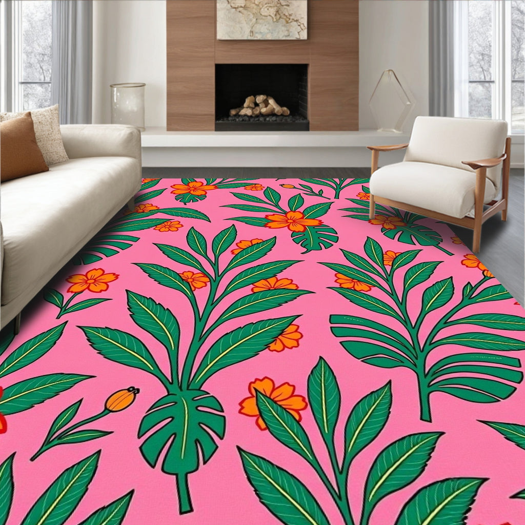 Vibrant Tropical Floral Pink Background Rug