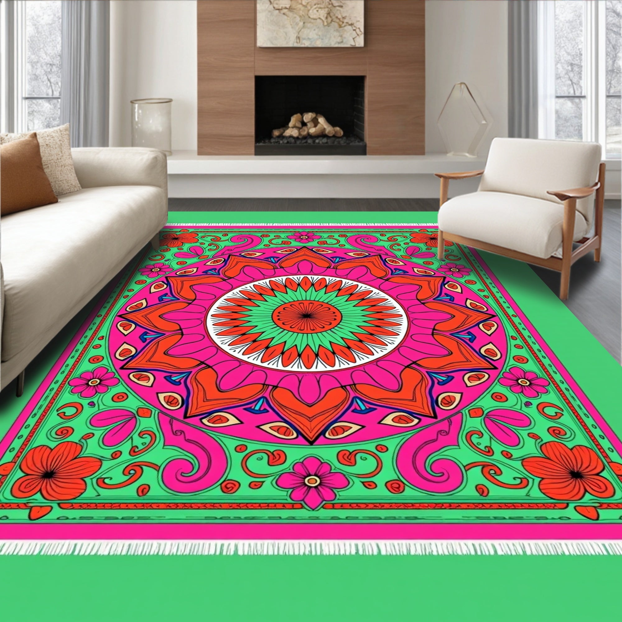 Vibrant Fuchsia Floral Mandala Rug