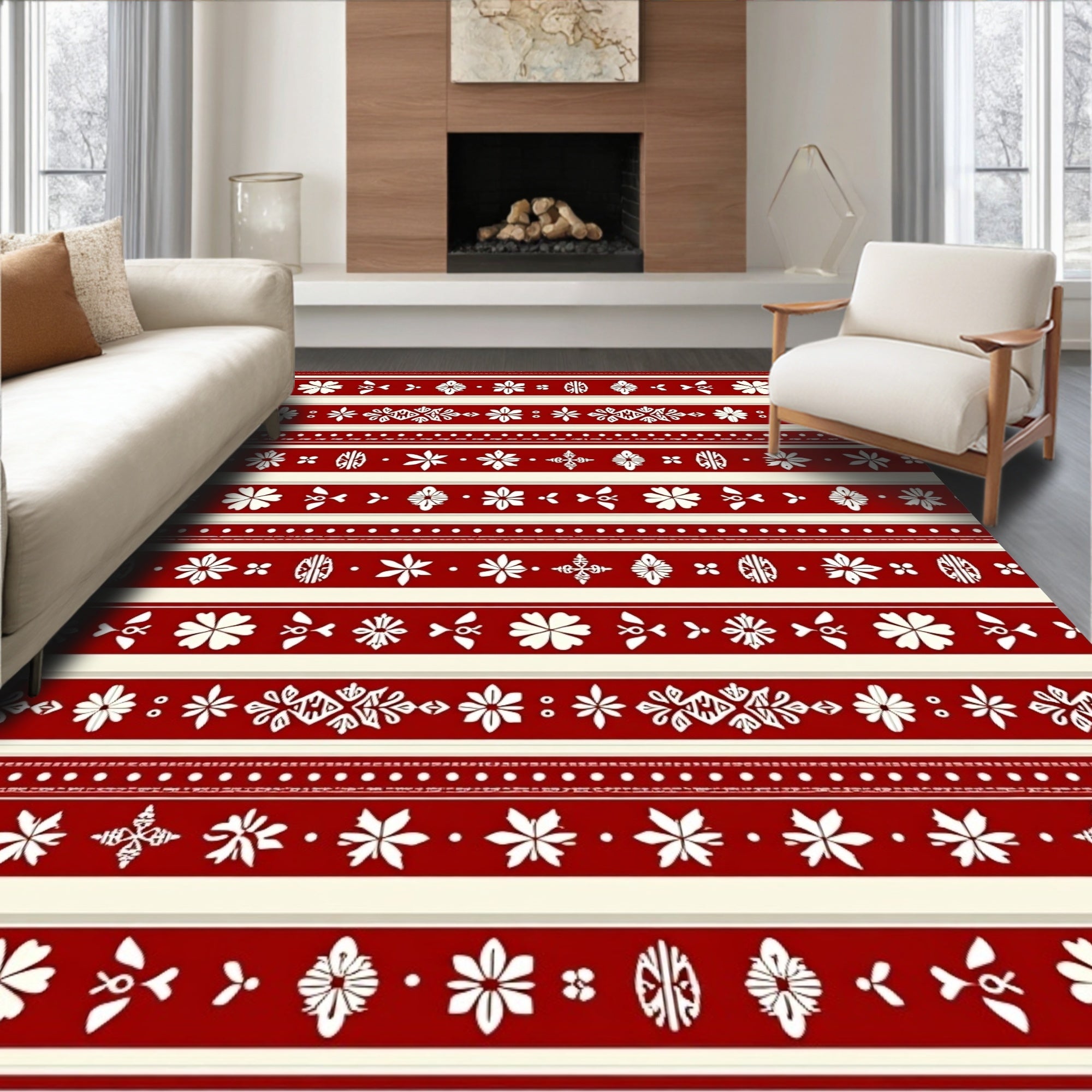 Crimson Ivory Folk Floral Stripe Rug