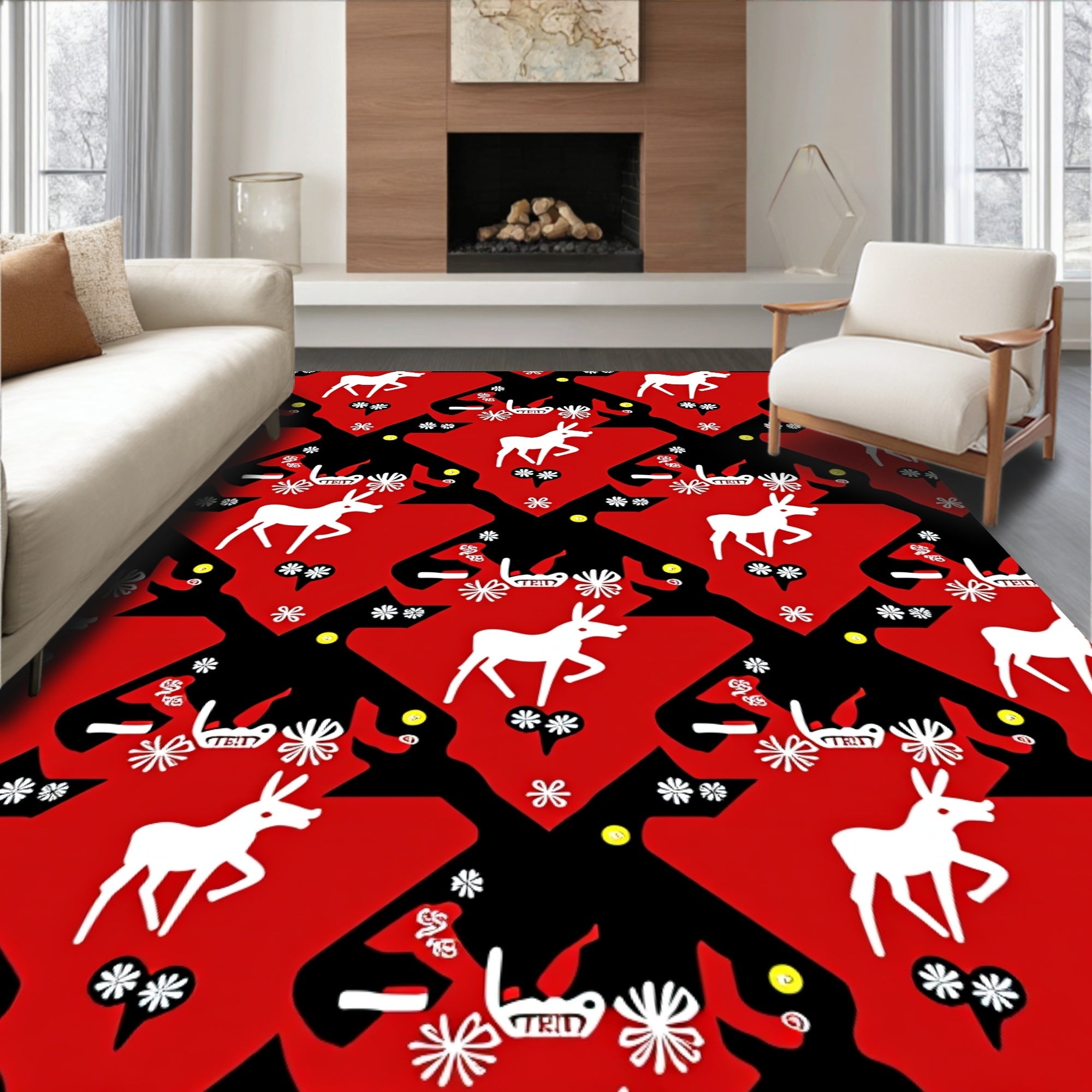 Bold Red White Deer Geometric Folklore Rug