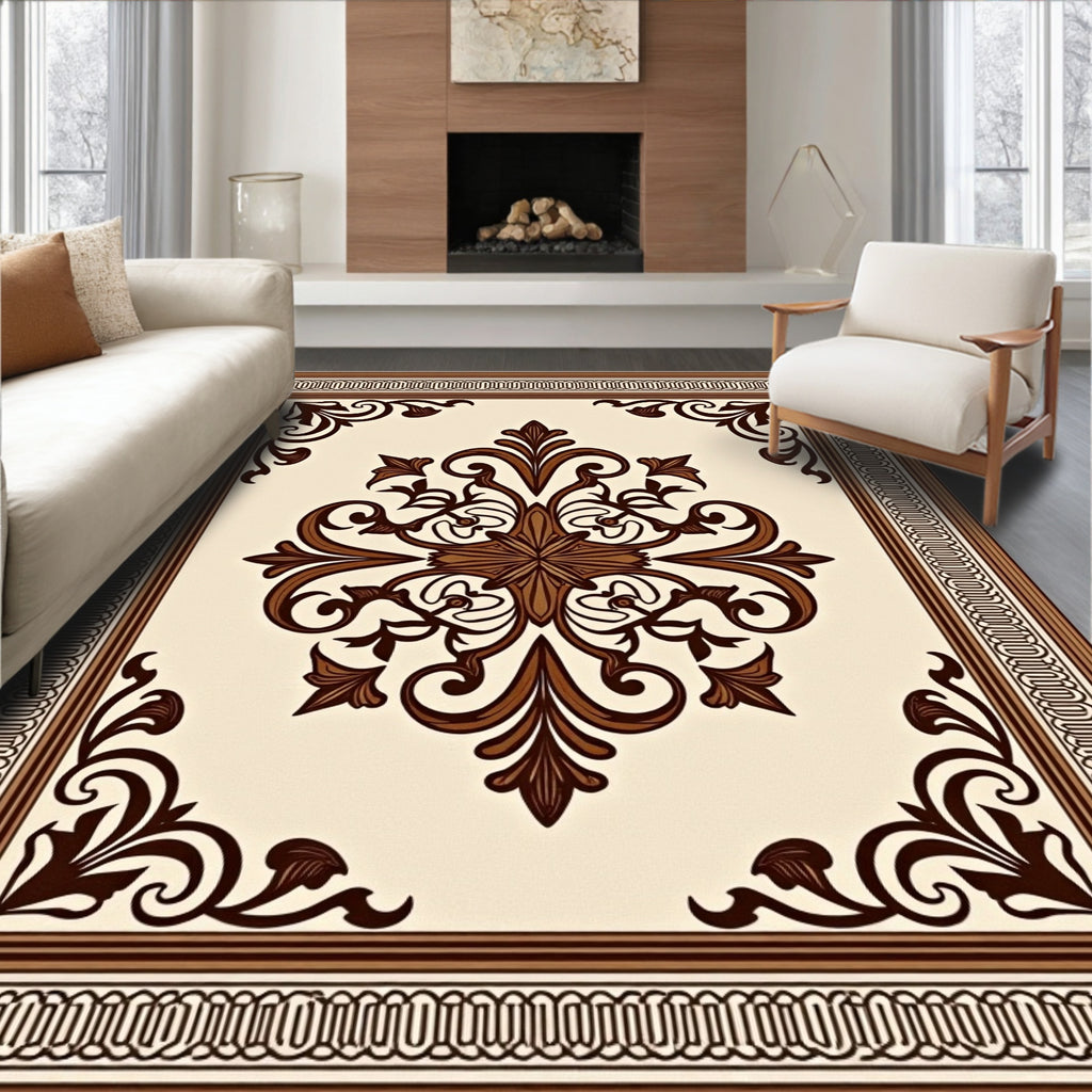 Classic Brown Floral Centerpiece Border Rug