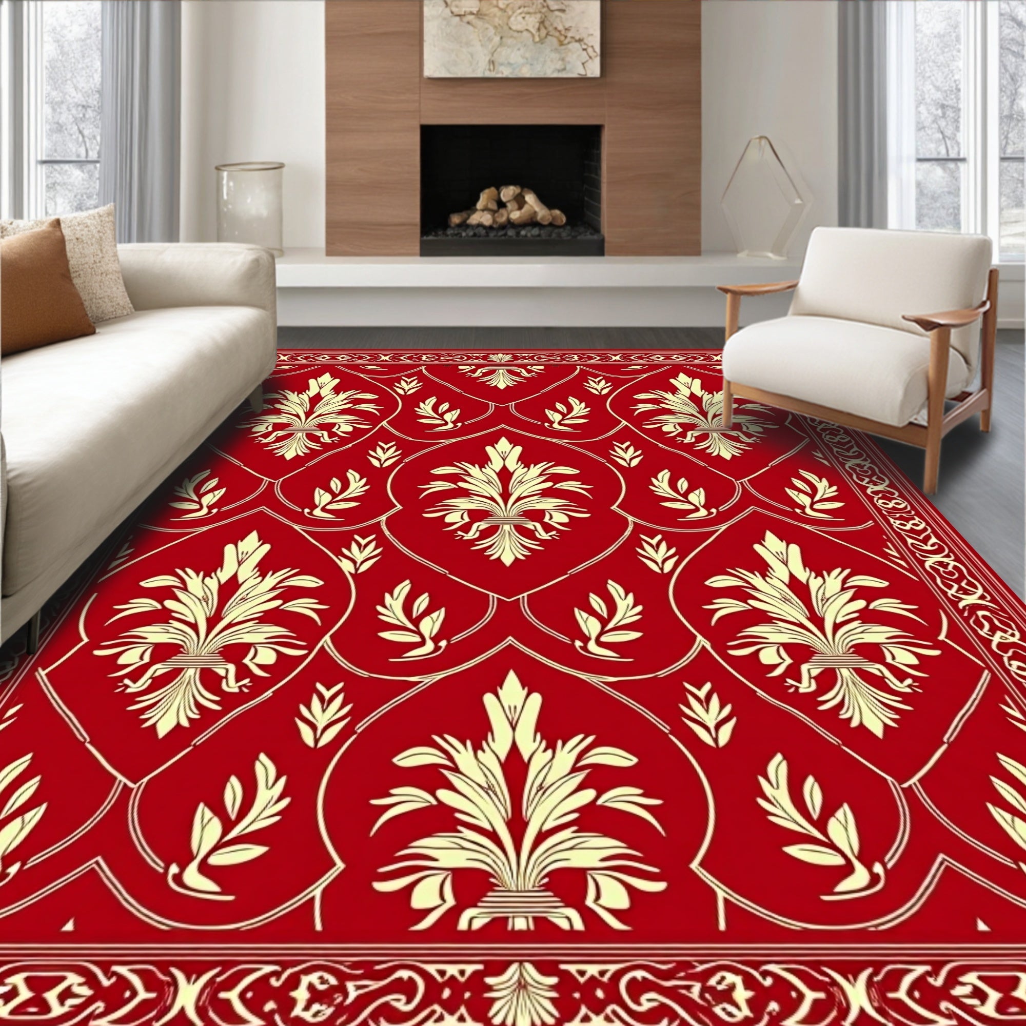 Crimson Cream Heraldic Fleur-de-lis Rug