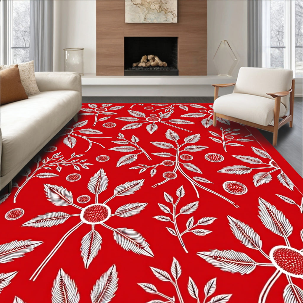 Vibrant Red White Botanical Branches Rug