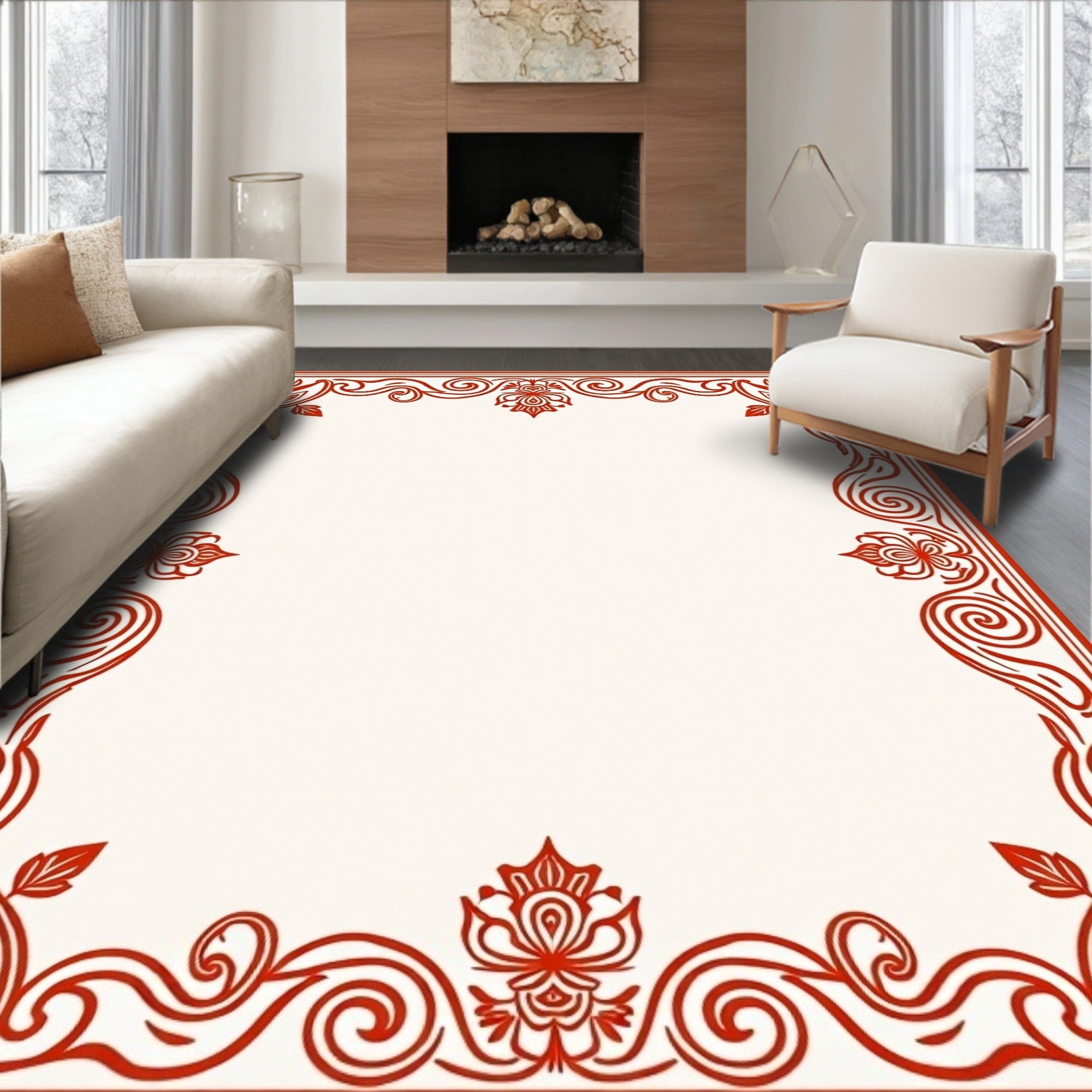Red Ornamental Floral Scroll Rug