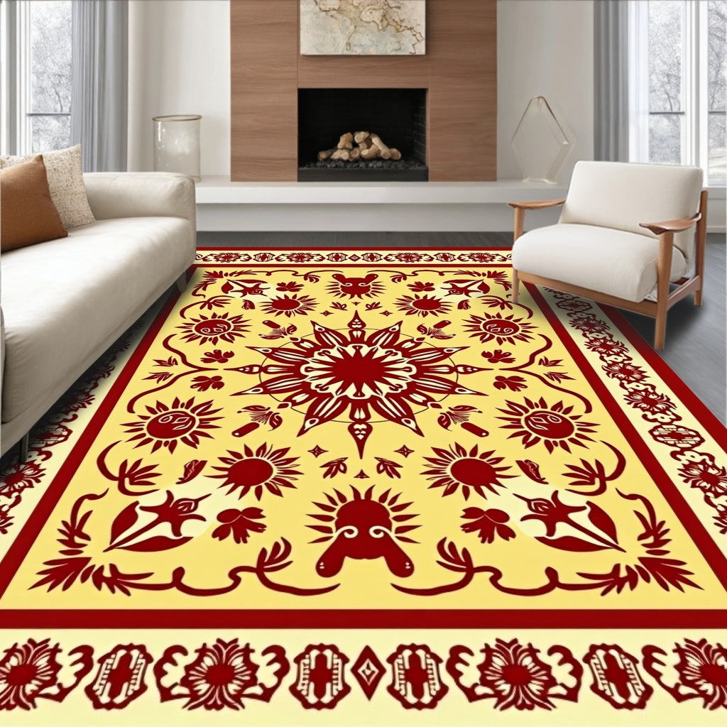 Crimson Sunburst Bordered Yellow Rug