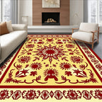 Crimson Sunburst Bordered Yellow Rug