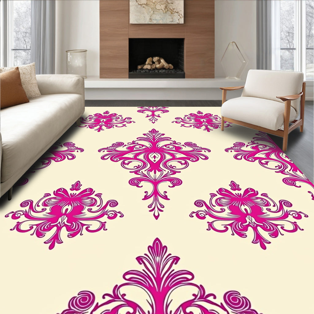 Vibrant Pink Baroque Swirl Damask Rug
