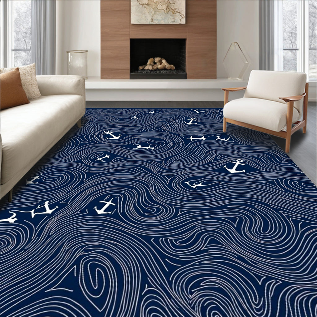 Navy White Anchor Swirl Nautical Rug