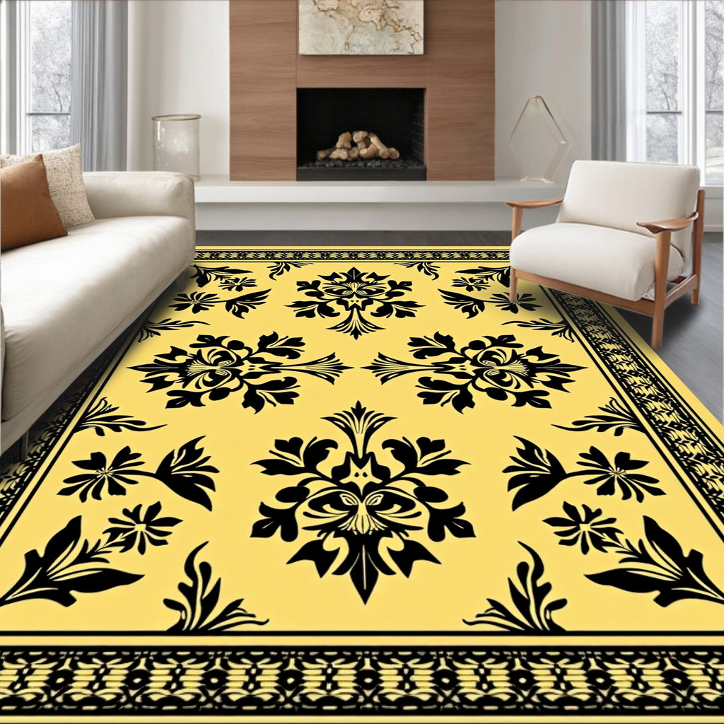 Golden Black Baroque Floral Medallion Rug