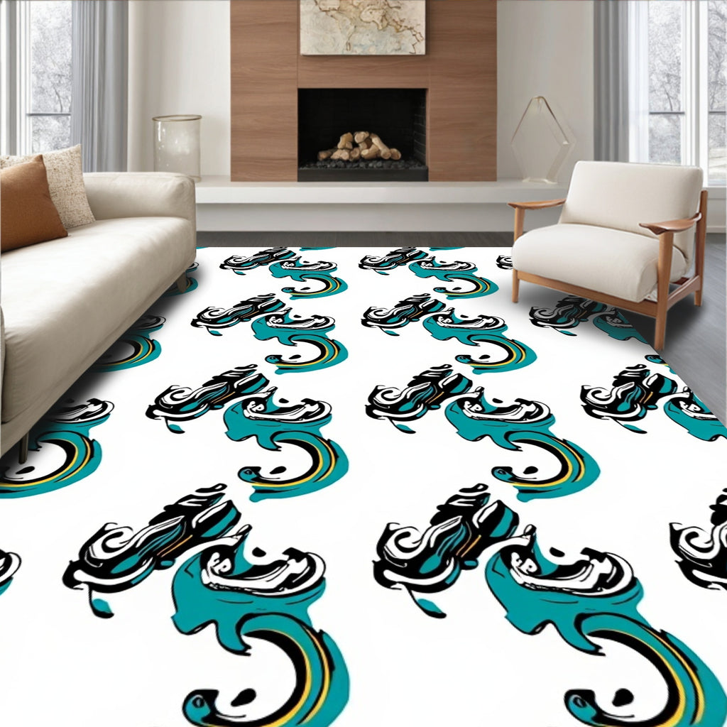Teal Black White Abstract Swirl Rug