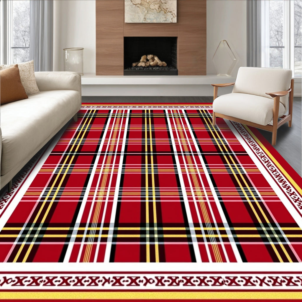 Bold Red Tartan Plaid Border Rug