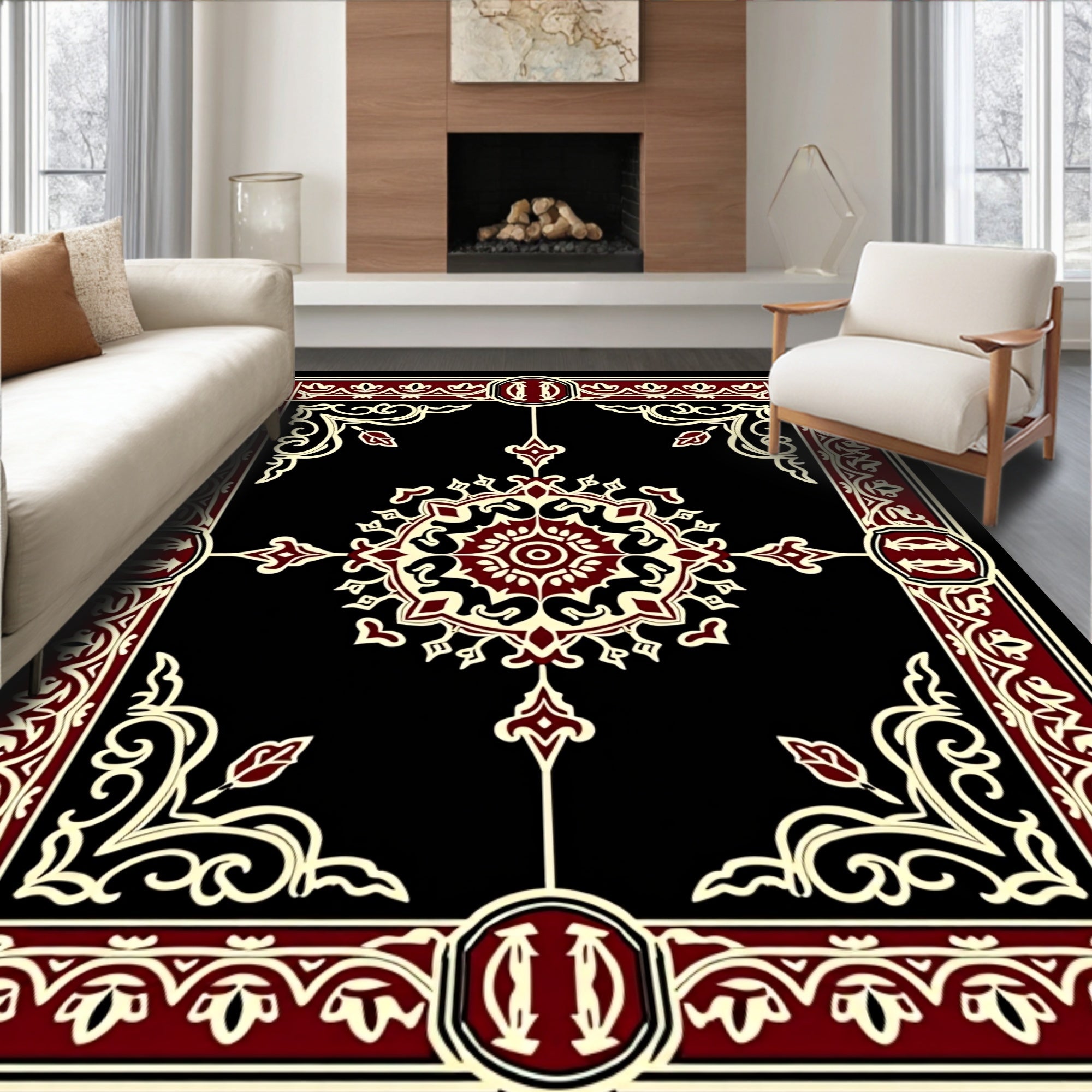 Crimson Ivory Ornate Floral Medallion Rug