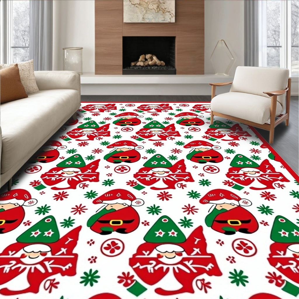 Whimsical Red Green Gnomes Snowflakes Rug