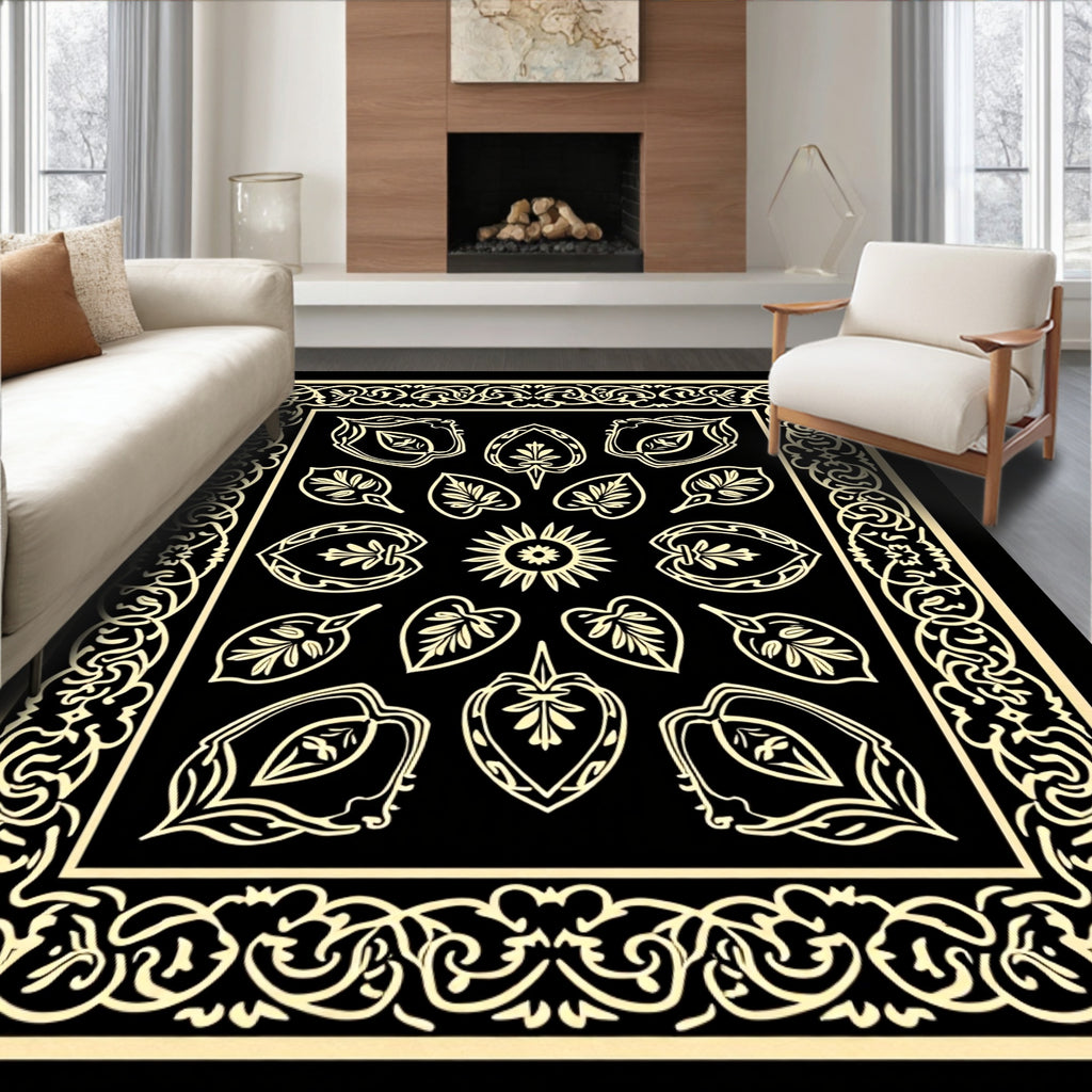 Black and Gold Ornamental Leaf Medallion Rug