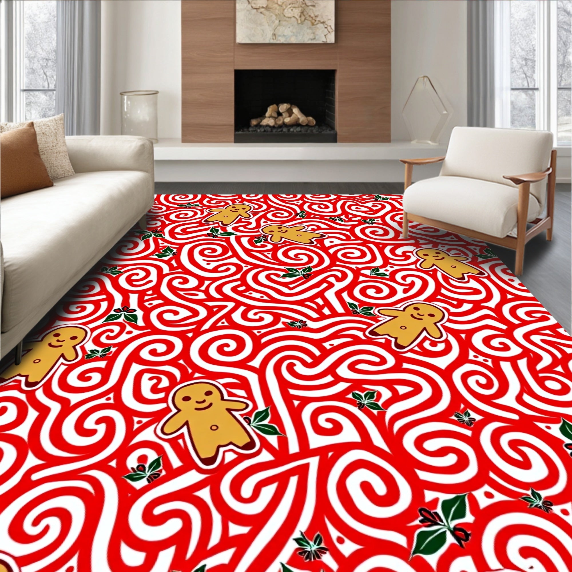 Festive Gingerbread Man Holly Whimsical Rug