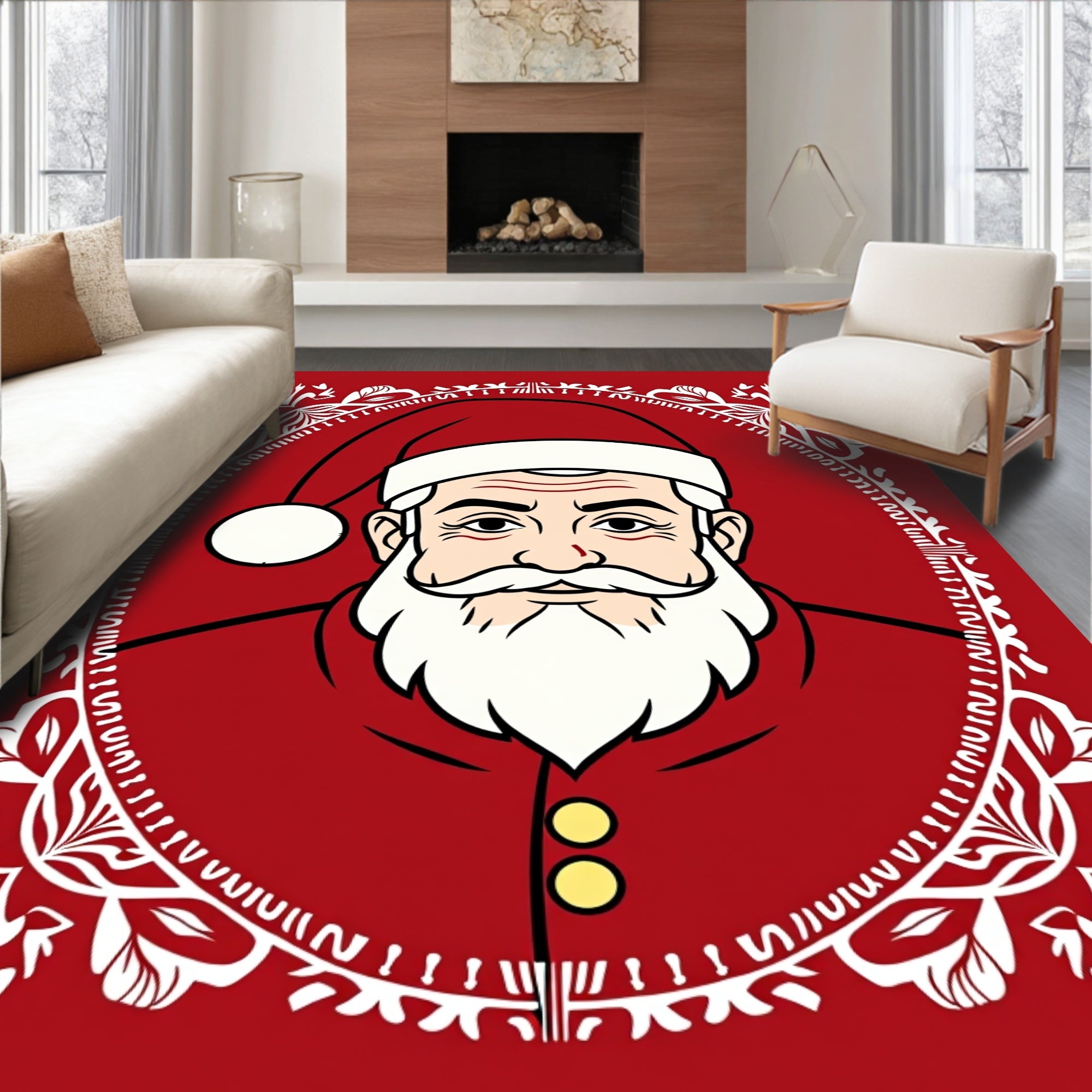 Classic Red Santa Portrait Floral Accent Rug