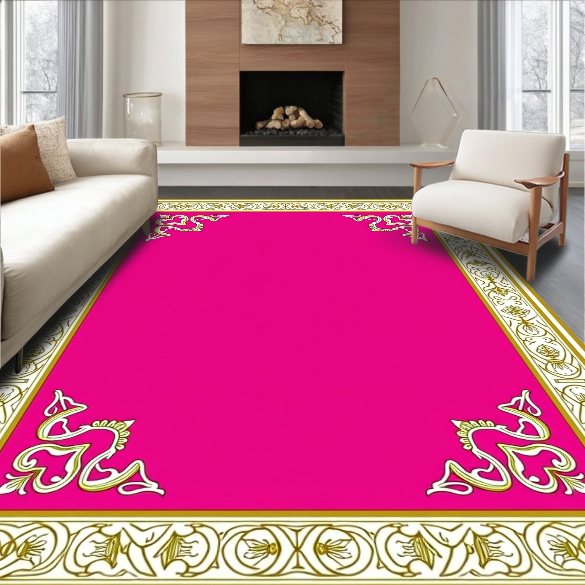 Vibrant Magenta Floral Border Rug