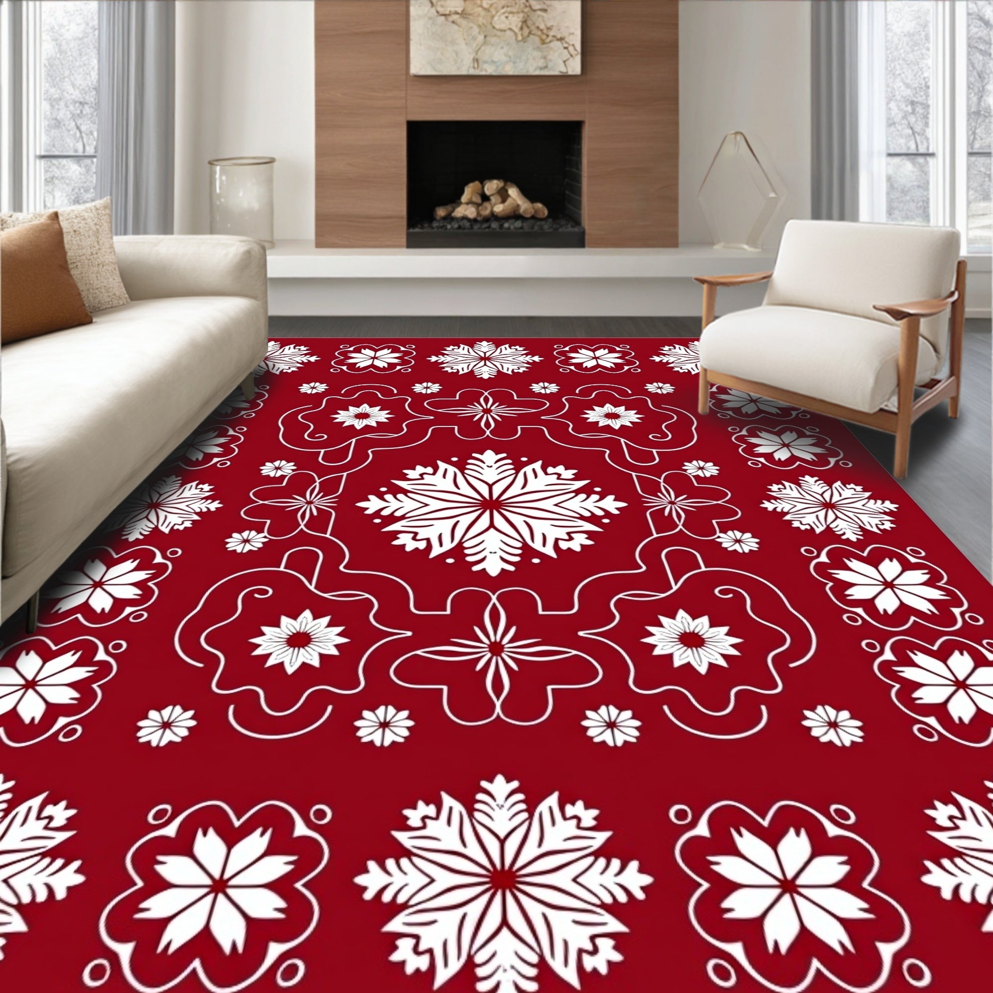 Crimson Snowflake Medallion Border Rug