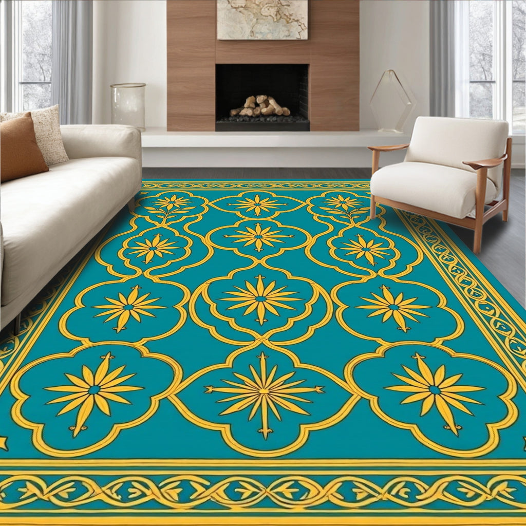 Teal and Gold Floral Arabesque Rug