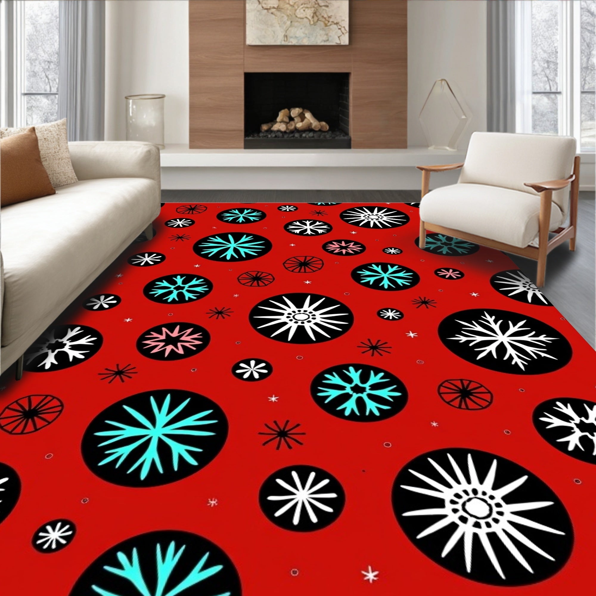 Retro Red Snowflake Circle Medley Rug