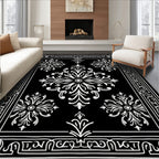 Elegant Black White Floral Arrangement Rug