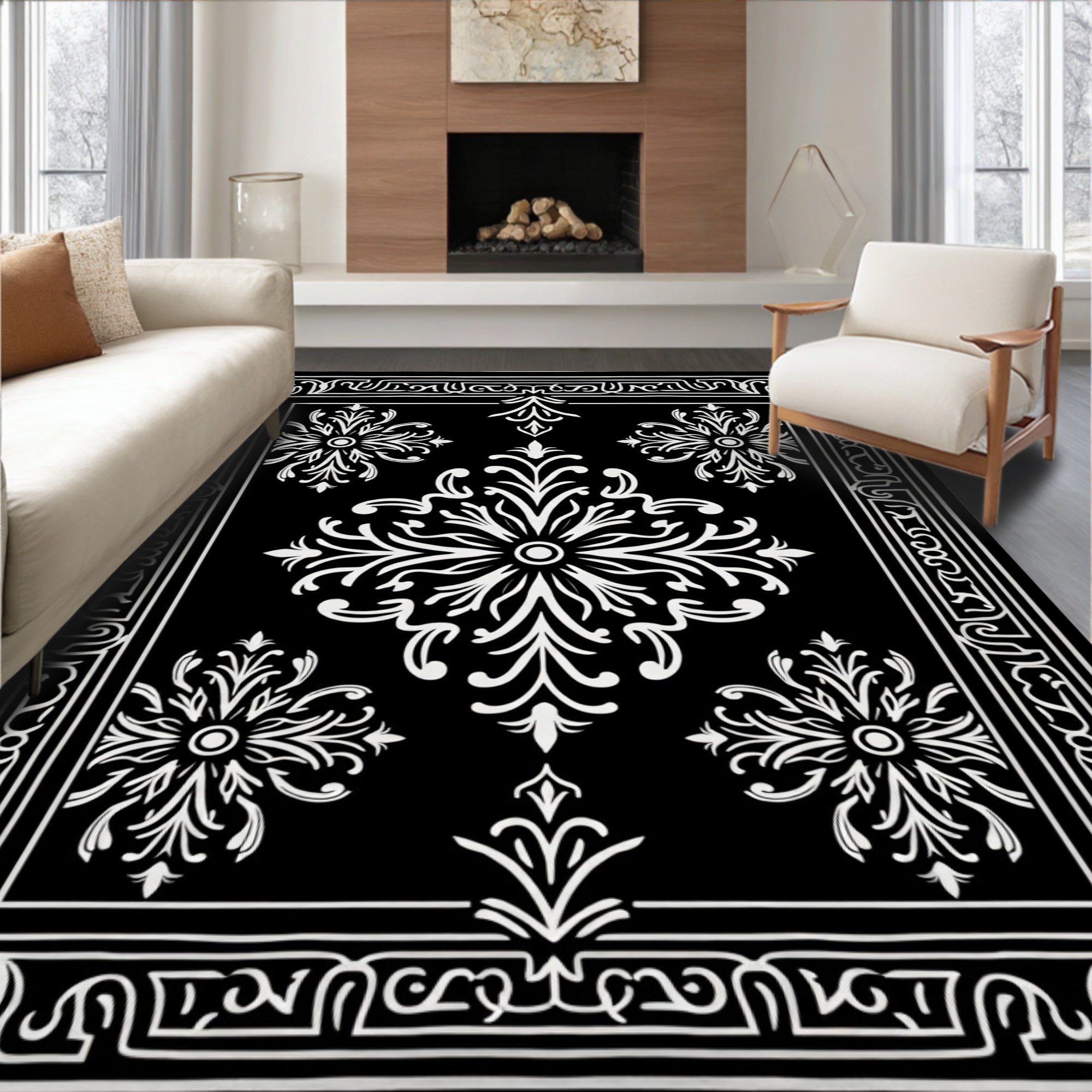 Elegant Black White Floral Arrangement Rug