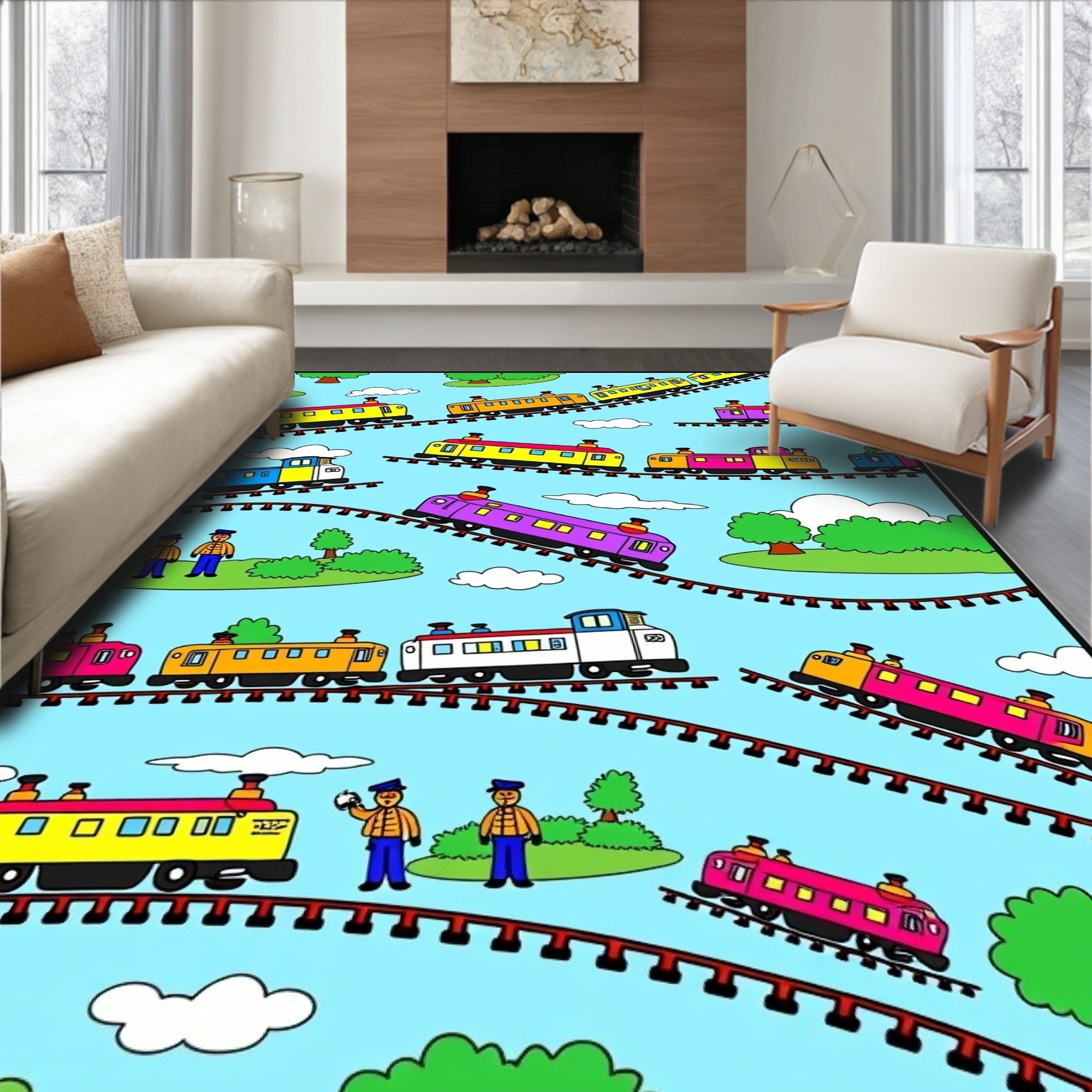 Playful Colorful Train Track Adventure Rug