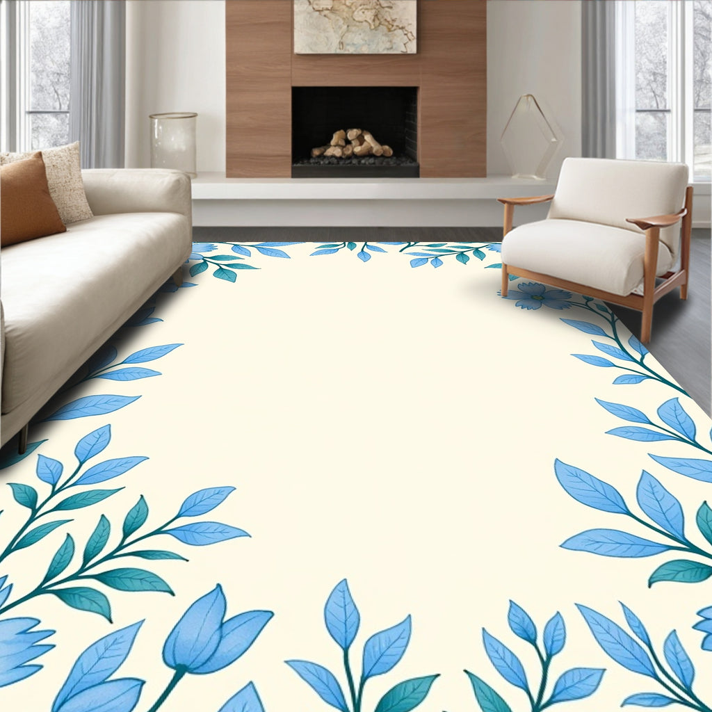 Light Blue Floral Vine Border Rug