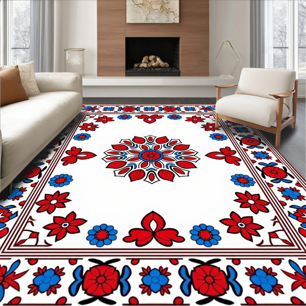 Red Blue Floral Garden medallion Rug