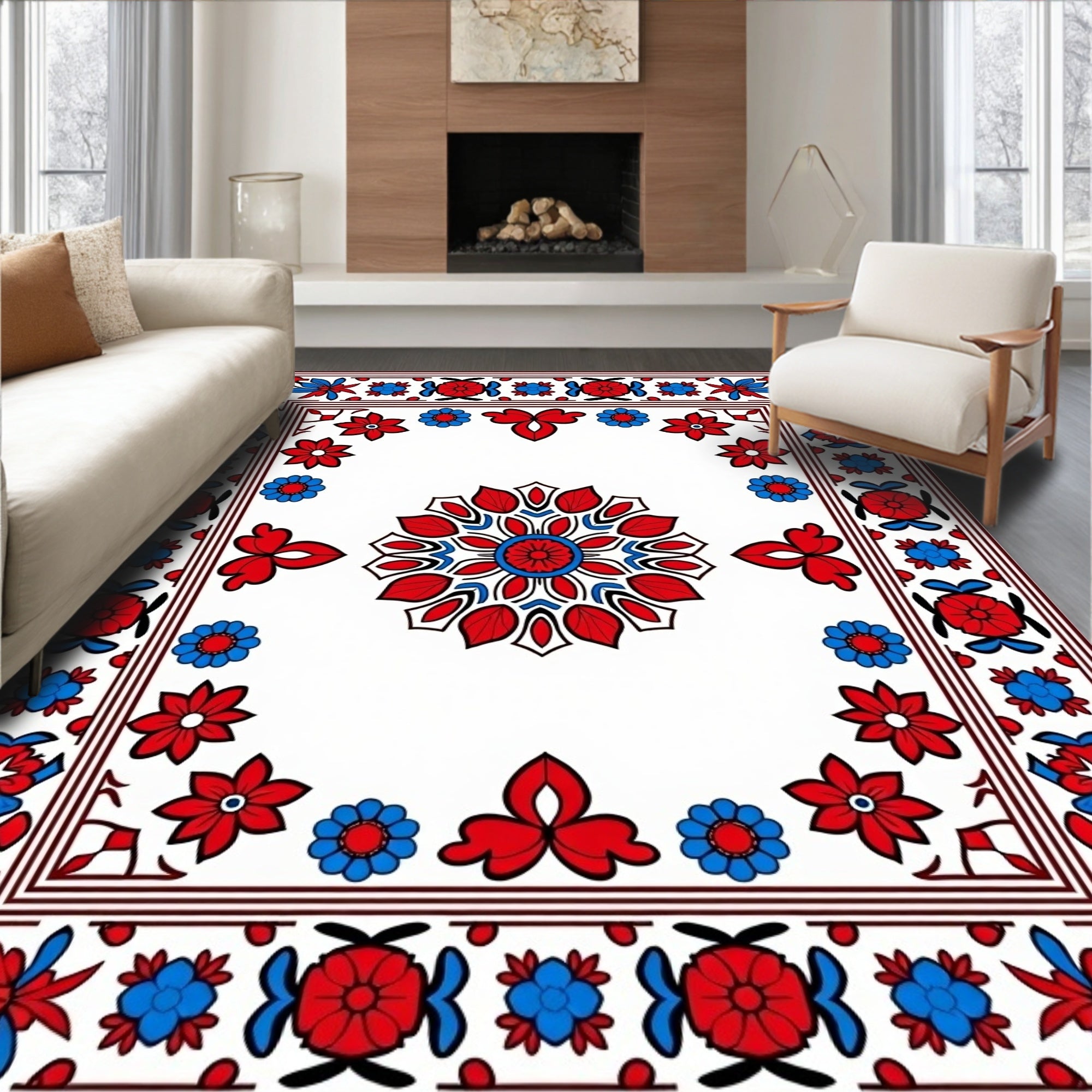 Red Blue Floral Garden medallion Rug