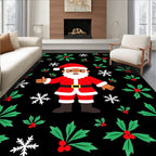 Festive Santa Holly Snowflake Black Rug