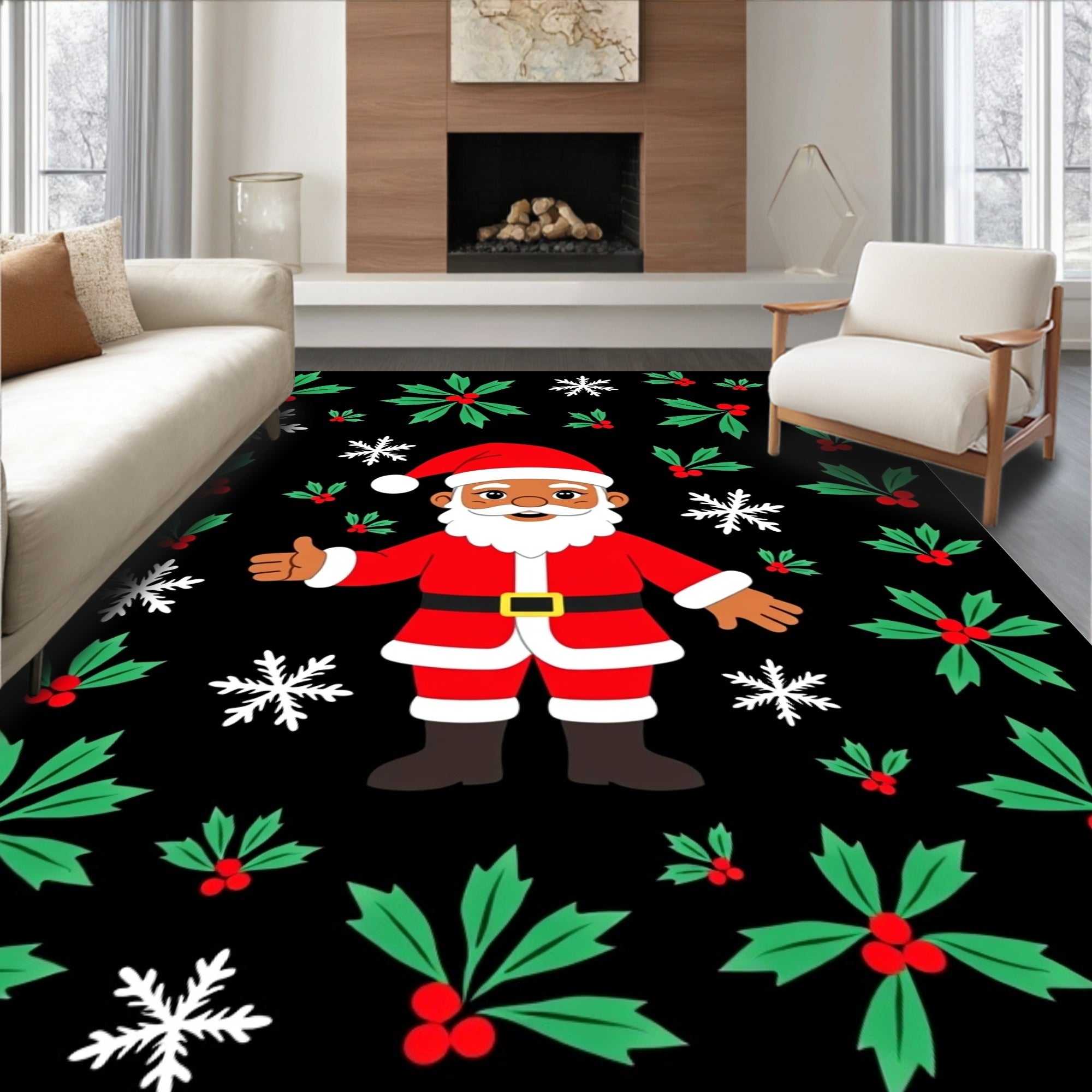 Festive Santa Holly Snowflake Black Rug