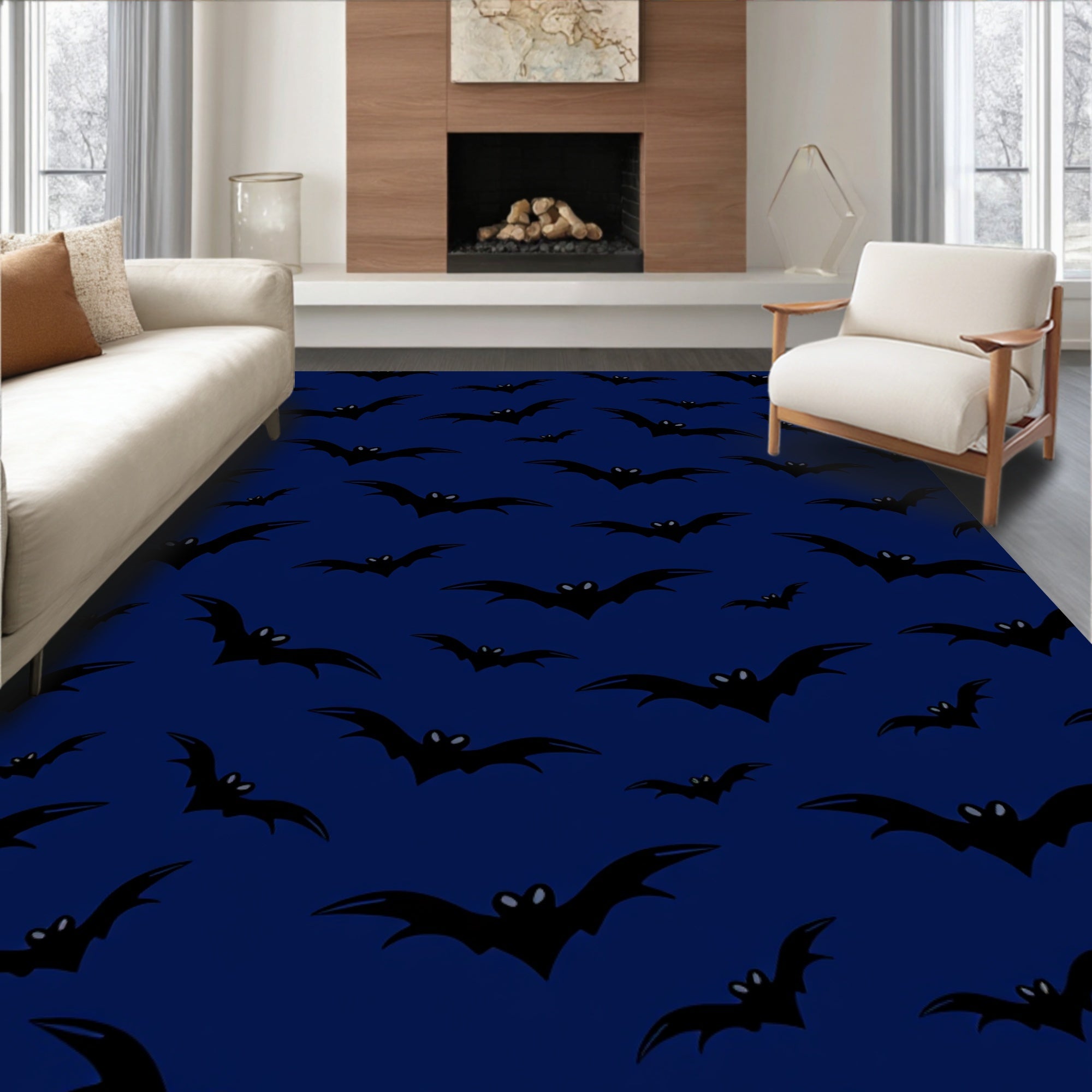 Spooky Black Bats Night Sky Rug