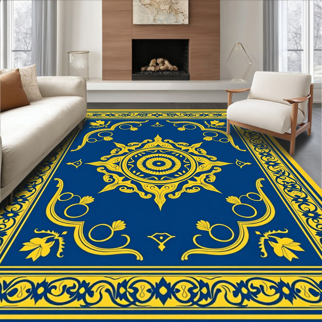 Royal Blue And Gold Medallion Emblem Rug