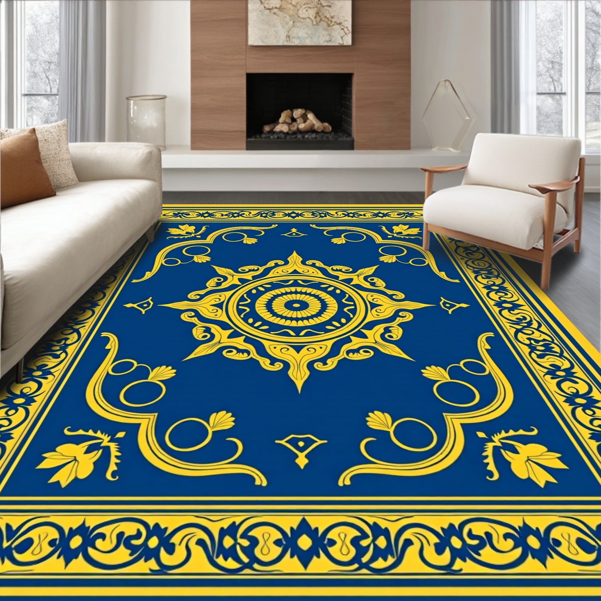 Royal Blue And Gold Medallion Emblem Rug