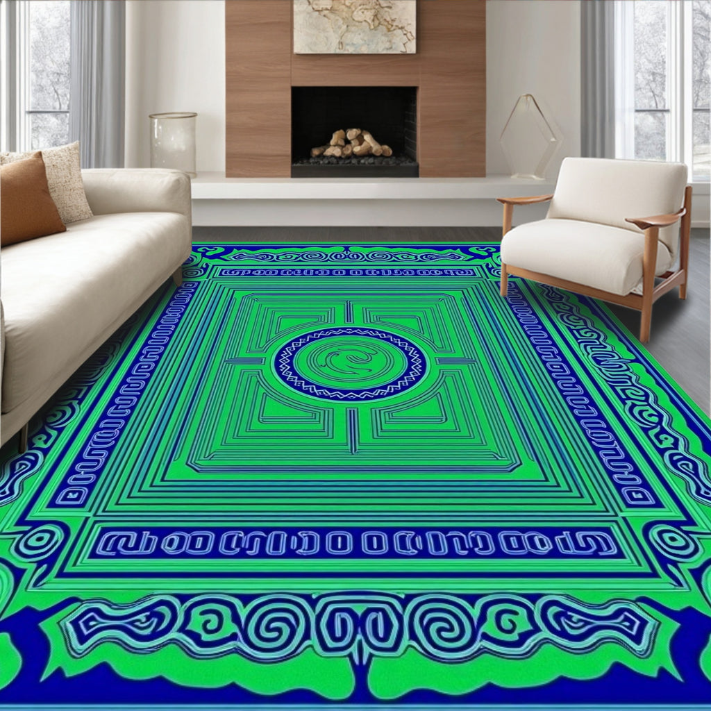 Vibrant Green Blue Geometric Maze Rug