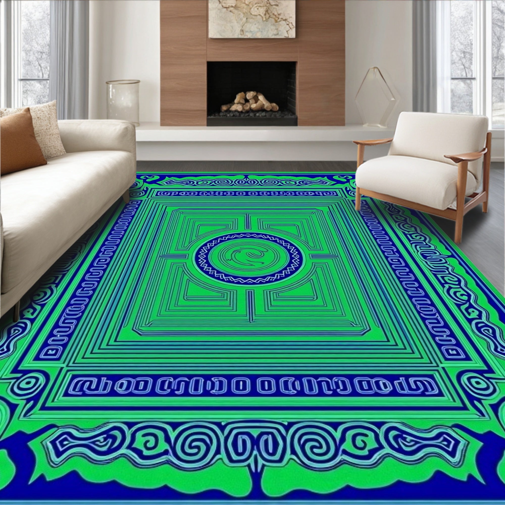 Vibrant Green Blue Geometric Maze Rug