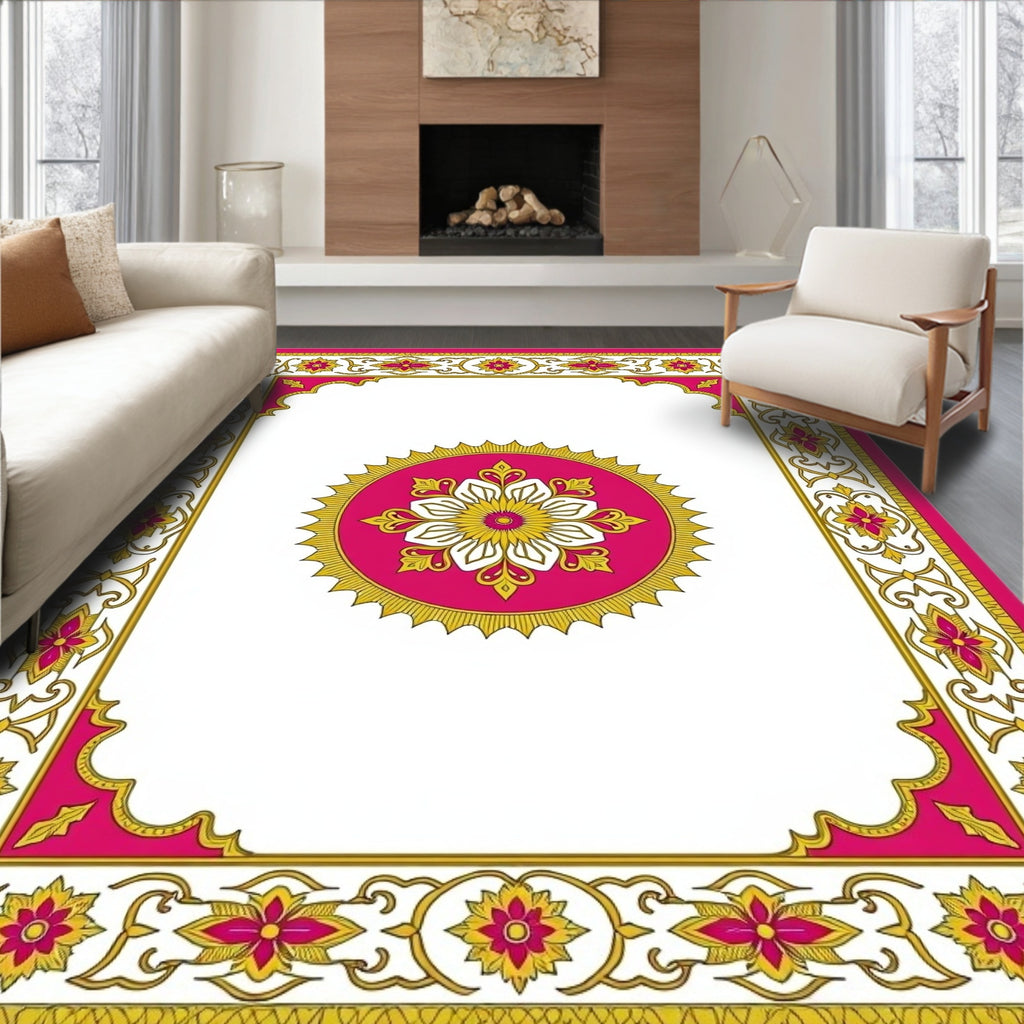 Vibrant Pink and Gold Floral Medallion Rug
