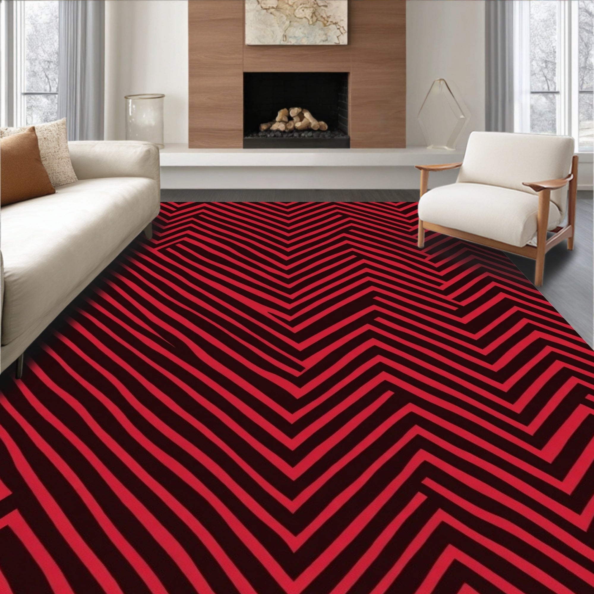 Bold Red Jagged Line Stripe Rug
