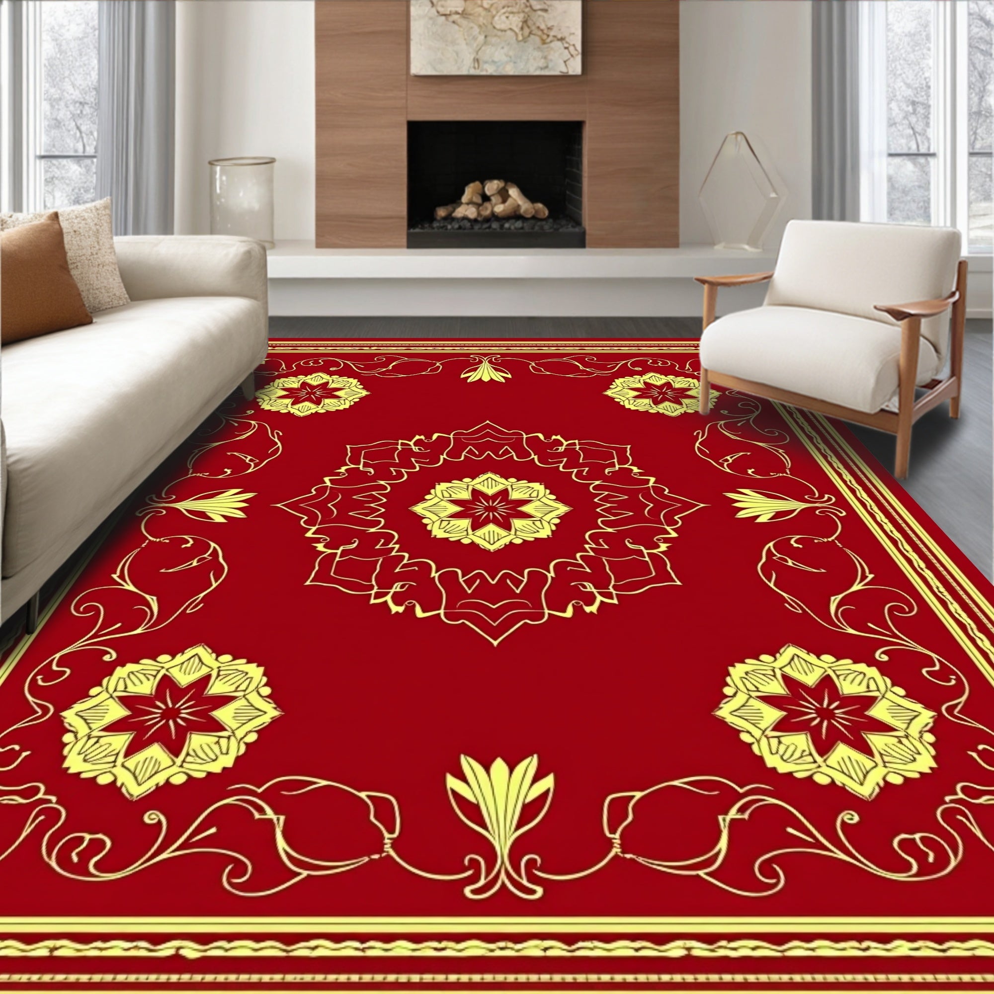 Crimson Yellow Floral Medallion Border Rug
