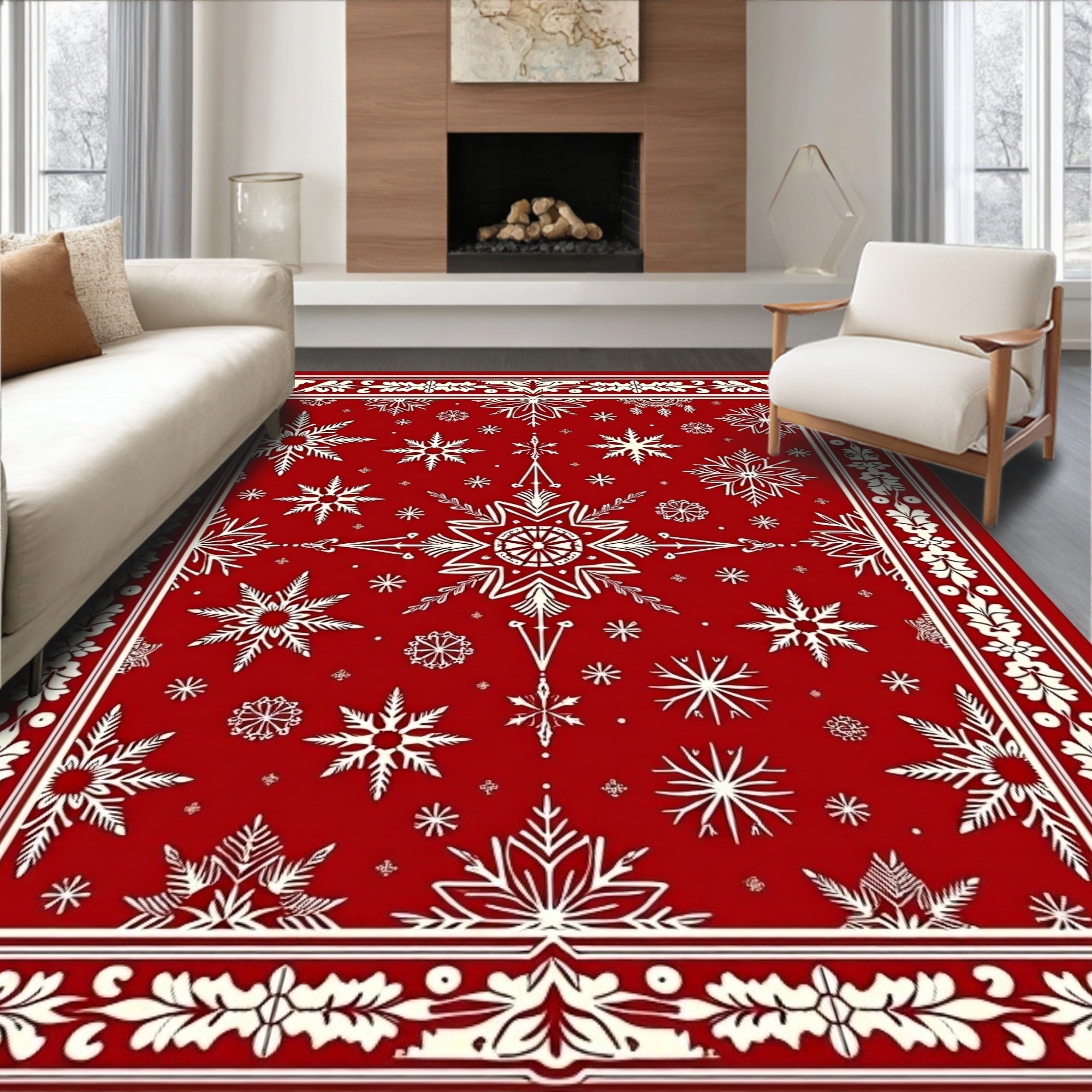 Crimson Snowflake Winter Border Rug