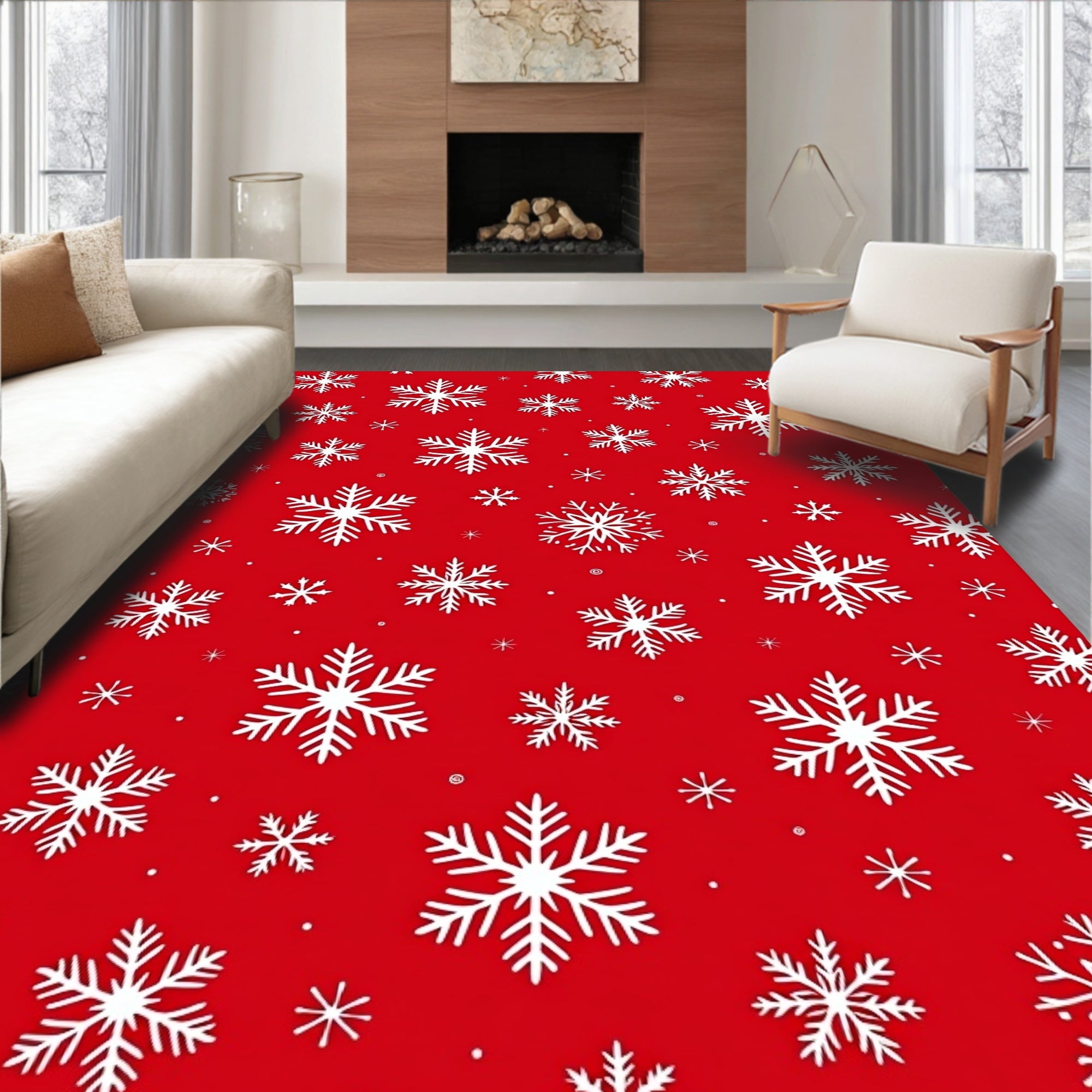 Classic Red Snowy Snowflake Scatter Rug