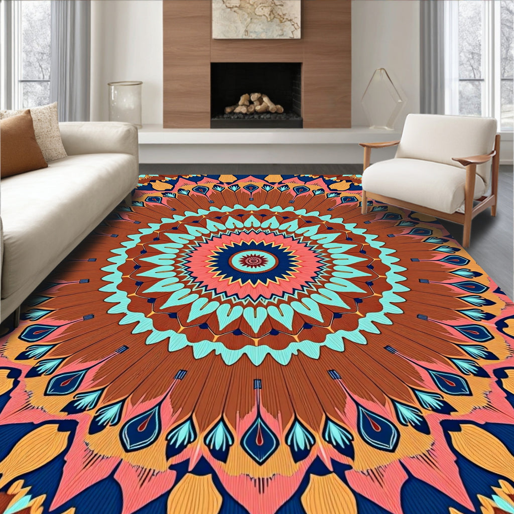 Bold Coral Teal Feathered Mandala Rug