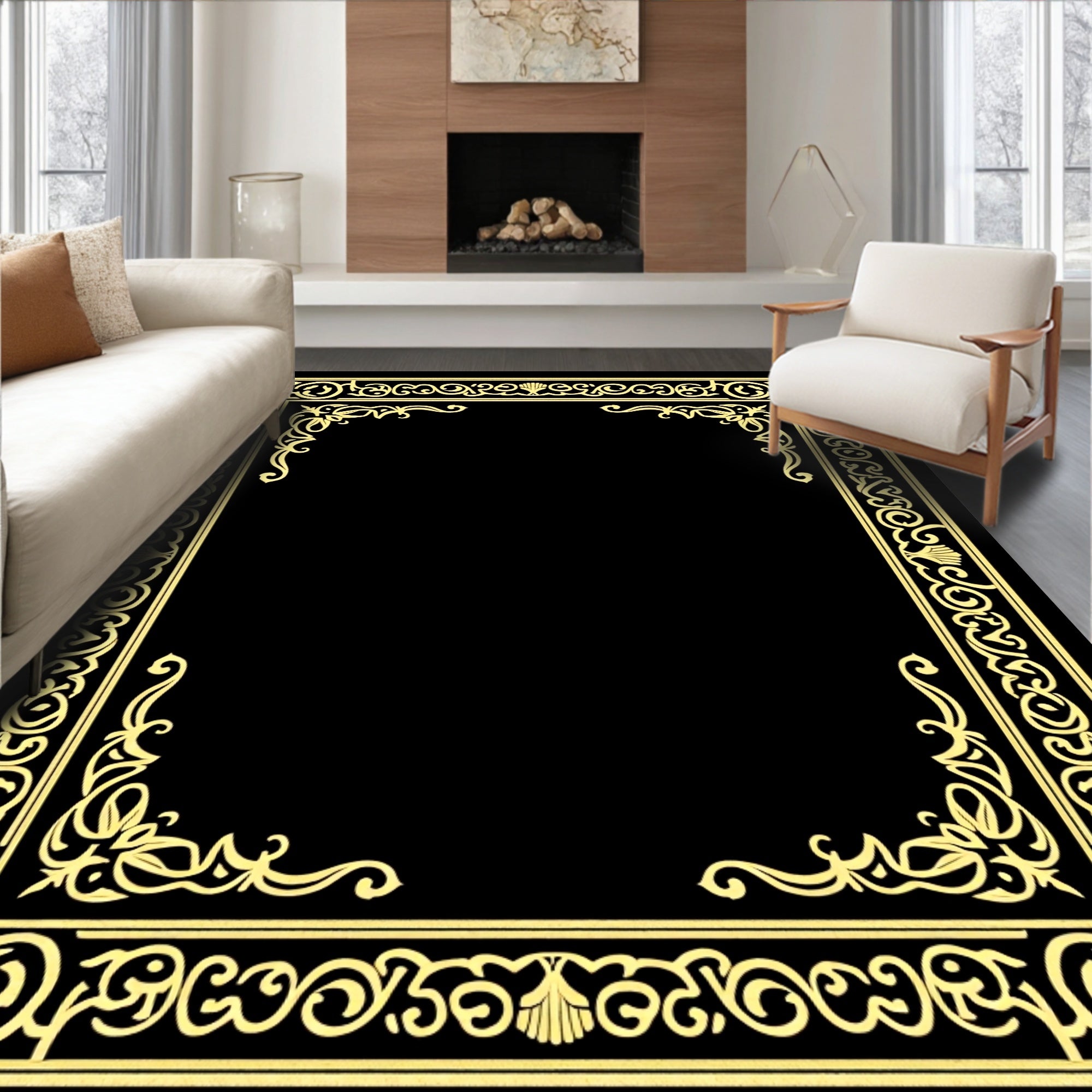 Golden Ornate Scroll Border Frame Rug