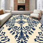 Dark Blue Cream Floral Damask Rug
