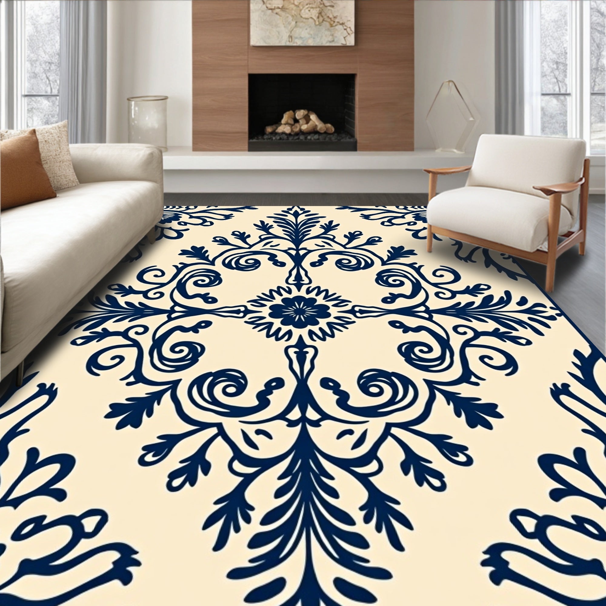 Dark Blue Cream Floral Damask Rug