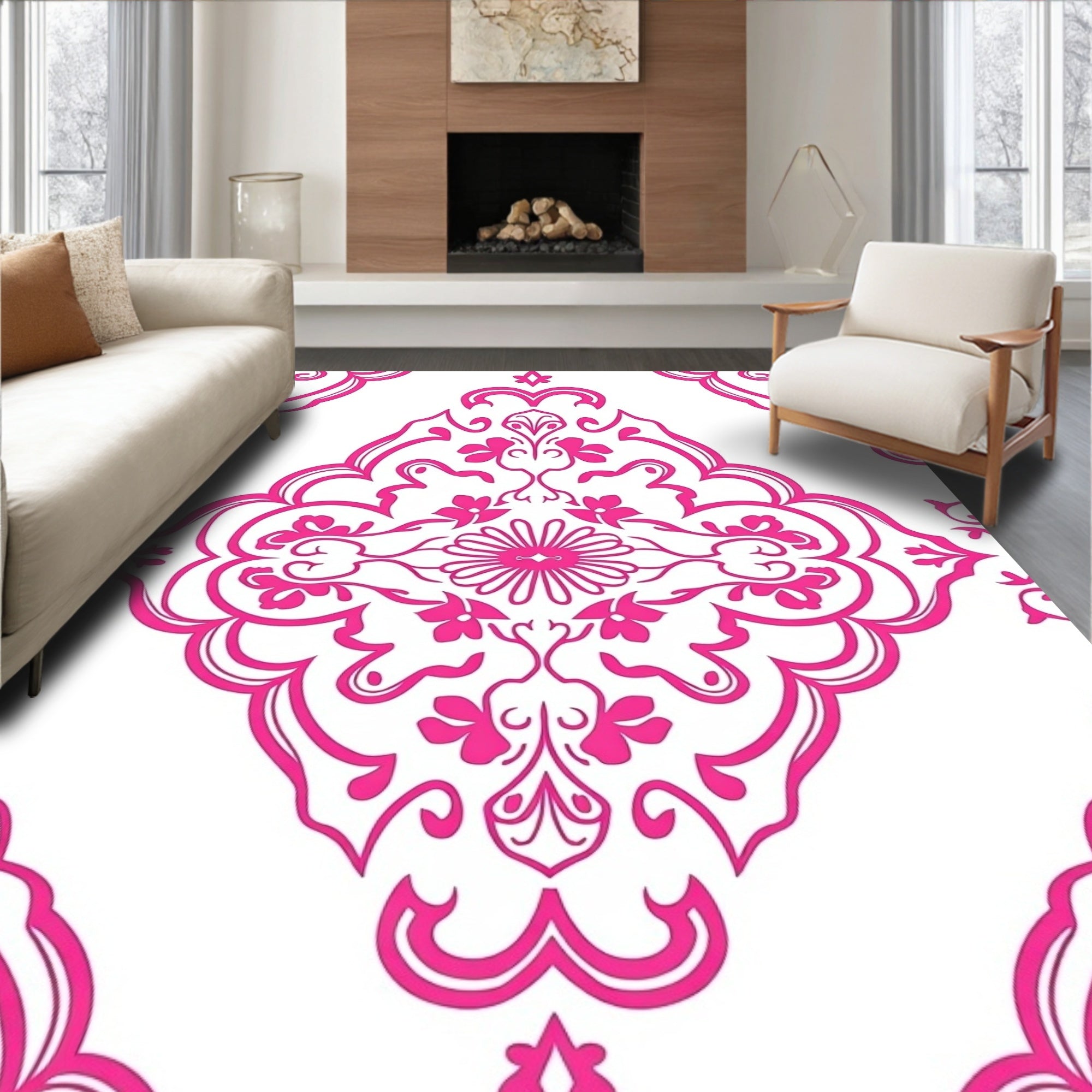 Rich Pink Floral Damask Medallion Rug